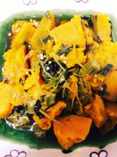 鍋でつくるオクラと三つ葉でかぼちゃの煮物-レシピのメイン写真