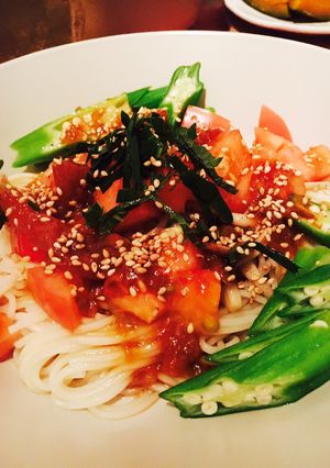 冷麦の夏野菜、梅しそ和え 冷製パスタ風-レシピのメイン写真