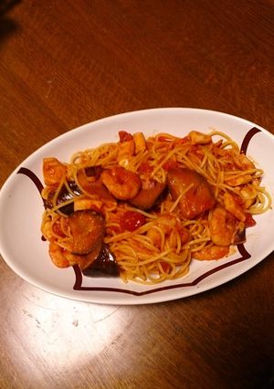 ナスとシーフードのトマトソースパスタ-レシピのメイン写真