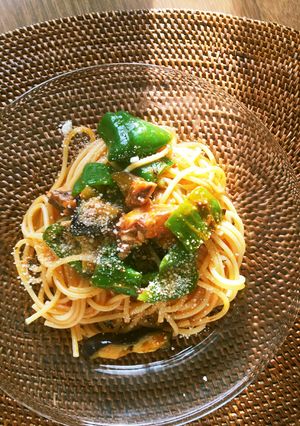 茄子&ピーマン&サバ缶トマトソースパスタ-レシピのメイン写真