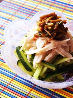 簡単1品☆蒸し鶏のさっぱりなめ茸和え-レシピのメイン写真