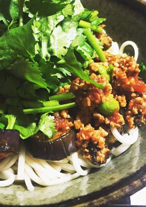 ミートソースで茄子と枝豆のパクチー素麺-レシピのメイン写真