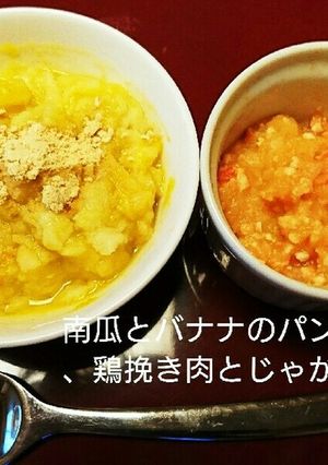 南瓜とバナナのパン粥、鶏挽き肉のトマト煮-レシピのメイン写真