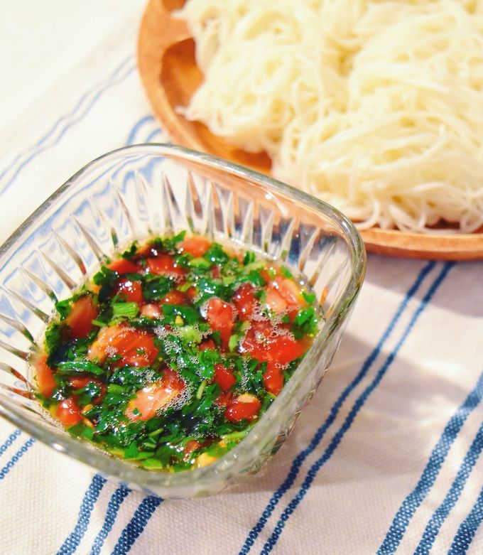夏バテ解消☆モロヘイヤと完熟トマトの素麺-レシピのメイン写真
