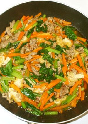 ひき肉・小松菜・人参・油揚げの野菜炒め煮-レシピのメイン写真