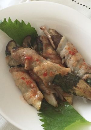 ピリ辛ソースで☆ナスの豚肉シソ巻き-レシピのメイン写真