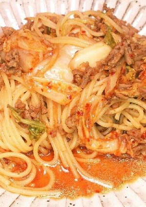 キムチとひき肉の簡単パスタ♪-レシピのメイン写真