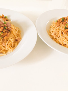 簡単!納豆とミョウガのせ和風ツナパスタ-レシピのメイン写真