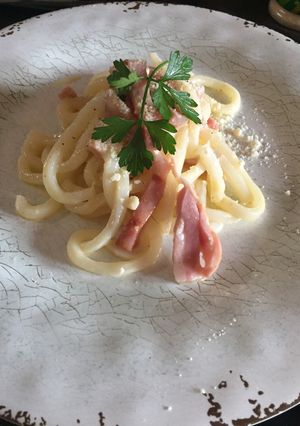タジン鍋で、カルボナーラ風うどん-レシピのメイン写真