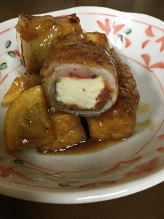 豚バラのしそと梅肉の豆腐巻き甘酢餡かけ-レシピのメイン写真