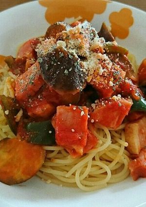 ナスとピーマンとベーコンのトマトパスタ-レシピのメイン写真