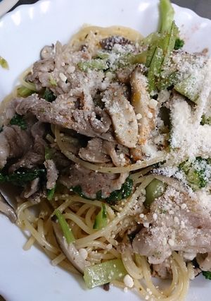 小松菜と豚小間の海苔の佃煮和えパスタ-レシピのメイン写真