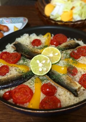 ヘルシー！サンマの和風パエリアすだち添え-レシピのメイン写真
