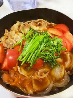 薬味(ミョウガ大葉)卵のトマト豚すき焼き-レシピのメイン写真