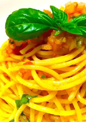 トマトの水煮と玉ねぎの冷製バジルパスタ-レシピのメイン写真