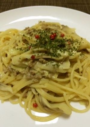 挽肉と白ネギのカレー風味クリームパスタ-レシピのメイン写真