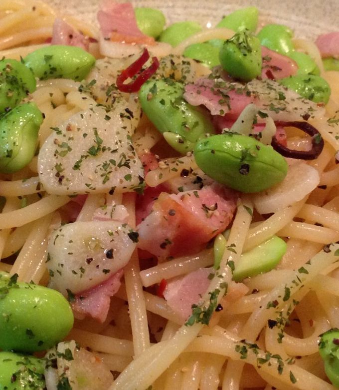 枝豆とベーコンのペペロンチーノパスタ by fumiねえさん