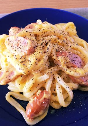 簡単5分！冷凍うどんで豆乳カルボナーラ-レシピのメイン写真