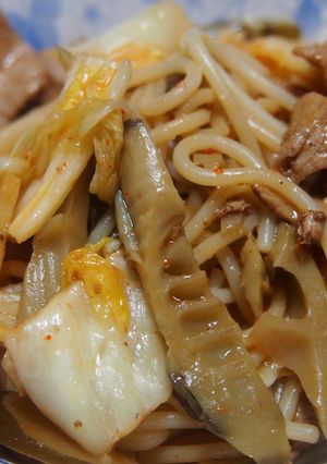 四方竹入り豚キムチパスタ-レシピのメイン写真