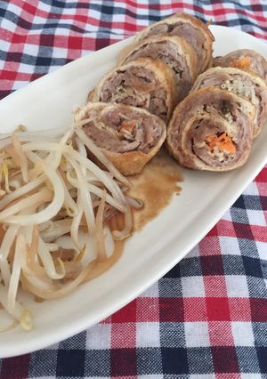 ダシダで簡単!豚コマ肉のキツネ巻き-レシピのメイン写真