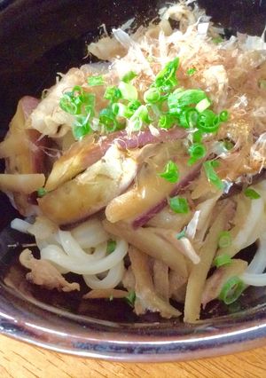 茄子ごぼう豚バラ甘酢炒めの冷しうどん-レシピのメイン写真