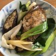あごだしつゆで、 なすとネギの焼き和え