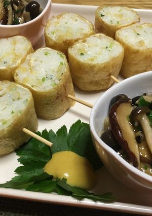 たぬき飯のお揚げ巻き♡きのこあん添え-レシピのメイン写真