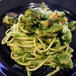 小松菜と鶏肉と椎茸のパスタ濃厚バジリコ風