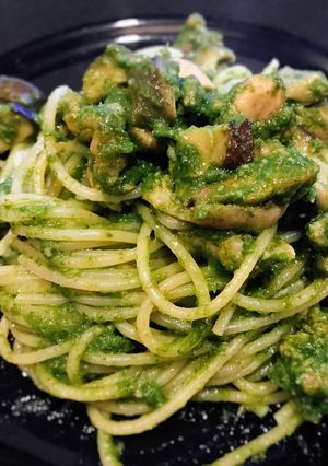 小松菜と鶏肉と椎茸のパスタ濃厚バジリコ風-レシピのメイン写真