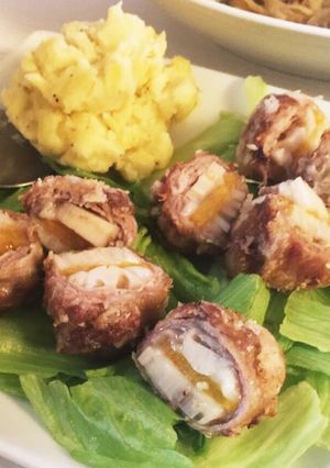 サクッともちもち。蓮根と柿の肉巻き揚げ-レシピのメイン写真
