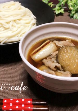 焼きねぎと茄子の肉汁つけうどん♡-レシピのメイン写真