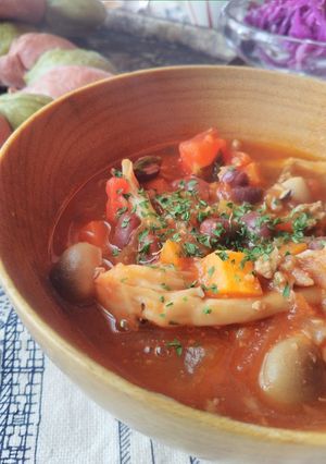 甘酒味噌肉そぼろと小豆のトマトスープ-レシピのメイン写真