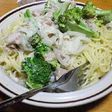 鮭の中骨水煮缶でクリームソースパスタ