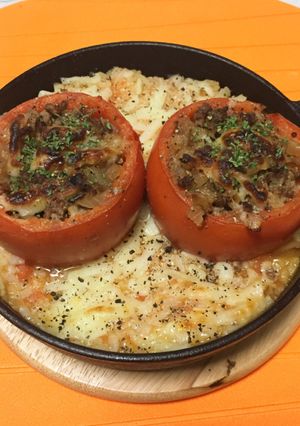 スキレットでトマトの肉詰めonリゾット-レシピのメイン写真