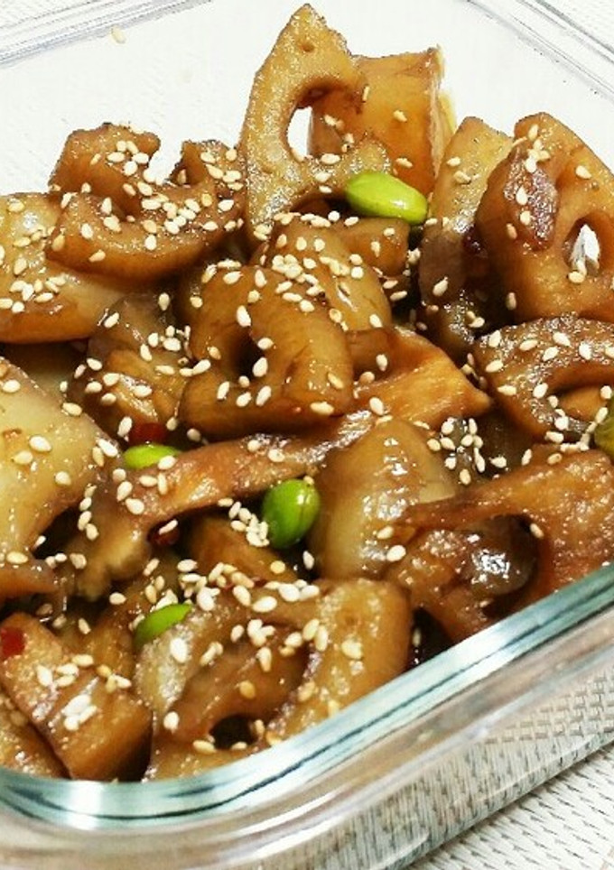 こんにゃくと蓮根と枝豆の甘辛煮　舞茸もね-レシピのメイン写真