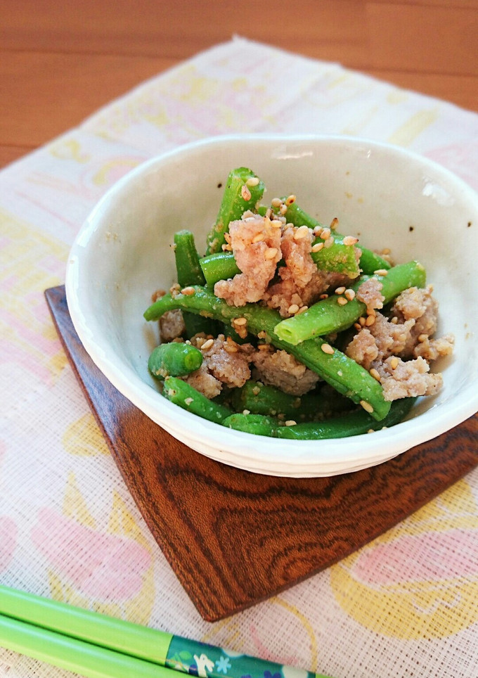 レンジで簡単☆いんげんのそぼろ胡麻和え。-レシピのメイン写真