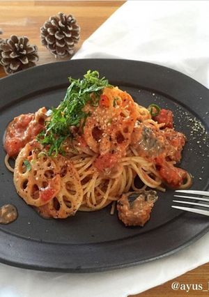 蓮根と鯖のトマトクリームパスタ-レシピのメイン写真