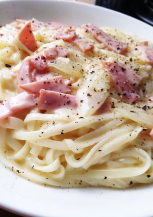うどん乾麺でカルボナーラ！簡単コツあり。-レシピのメイン写真