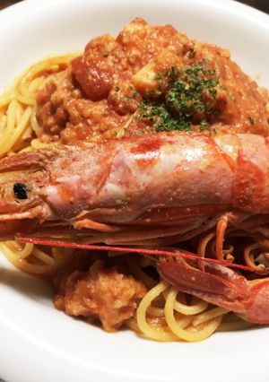 有頭エビとカニとホタテのトマト豆乳パスタ-レシピのメイン写真