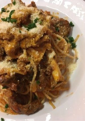 牛すじのトマト煮込みリメイクスパゲティ-レシピのメイン写真