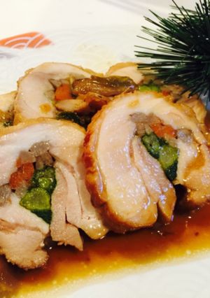 鶏肉で 菜の花と根菜のロール巻き-レシピのメイン写真