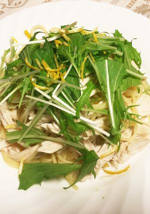 柚子香る、鶏と水菜の和風パスタ-レシピのメイン写真