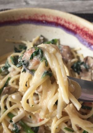 舞茸と春菊のたらこクリームスパゲティ-レシピのメイン写真