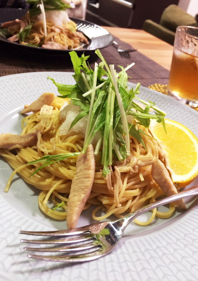 水菜とササミときのこのおろし和風パスタ-レシピのメイン写真