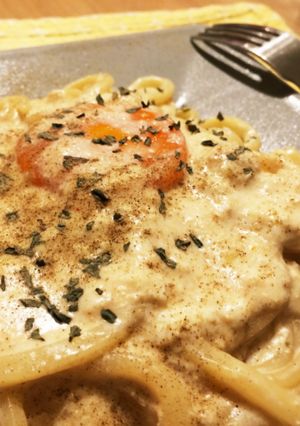 うどんで作る！釜玉めんたいカルボナーラ-レシピのメイン写真