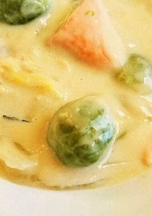 サーモンと芽キャベツと白菜の豆乳シチュー-レシピのメイン写真