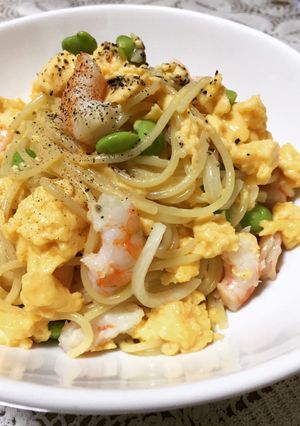 簡単!とろとろ卵と海老と枝豆のパスタ!-レシピのメイン写真