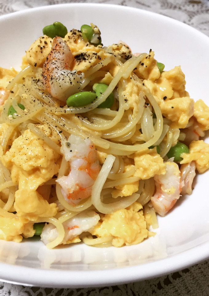 簡単！とろとろ卵と海老と枝豆のパスタ！-レシピのメイン写真