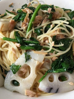 なめ茸で!蓮根と法蓮草の和風ツナパスタ-レシピのメイン写真
