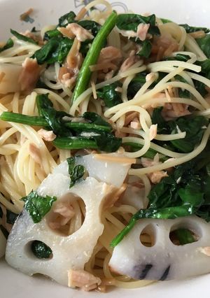 なめ茸で！蓮根と法蓮草の和風ツナパスタ-レシピのメイン写真